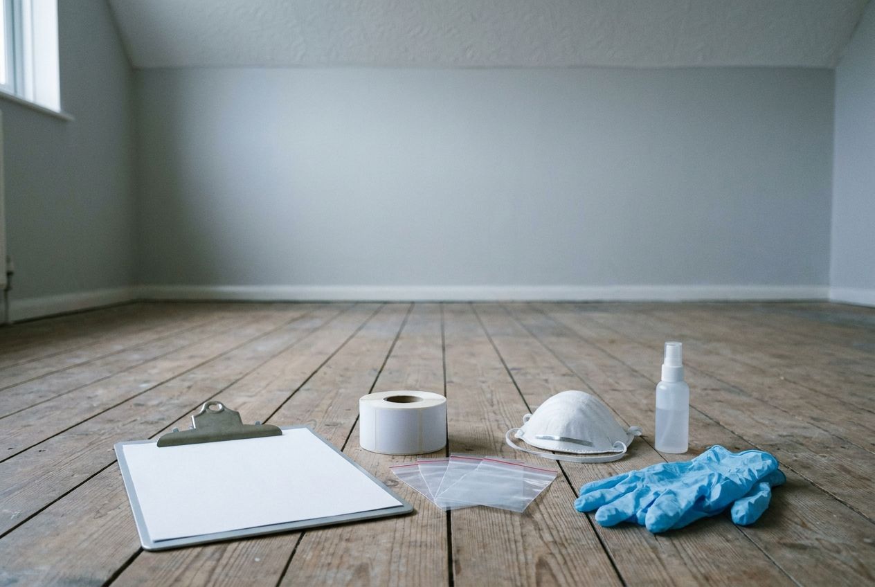 A clipboard, small clear sample bags, a roll of blank labels, a dust mask, a spray bottle and blue gloves laid out on bare floorboards in an empty room with a textured ceiling.